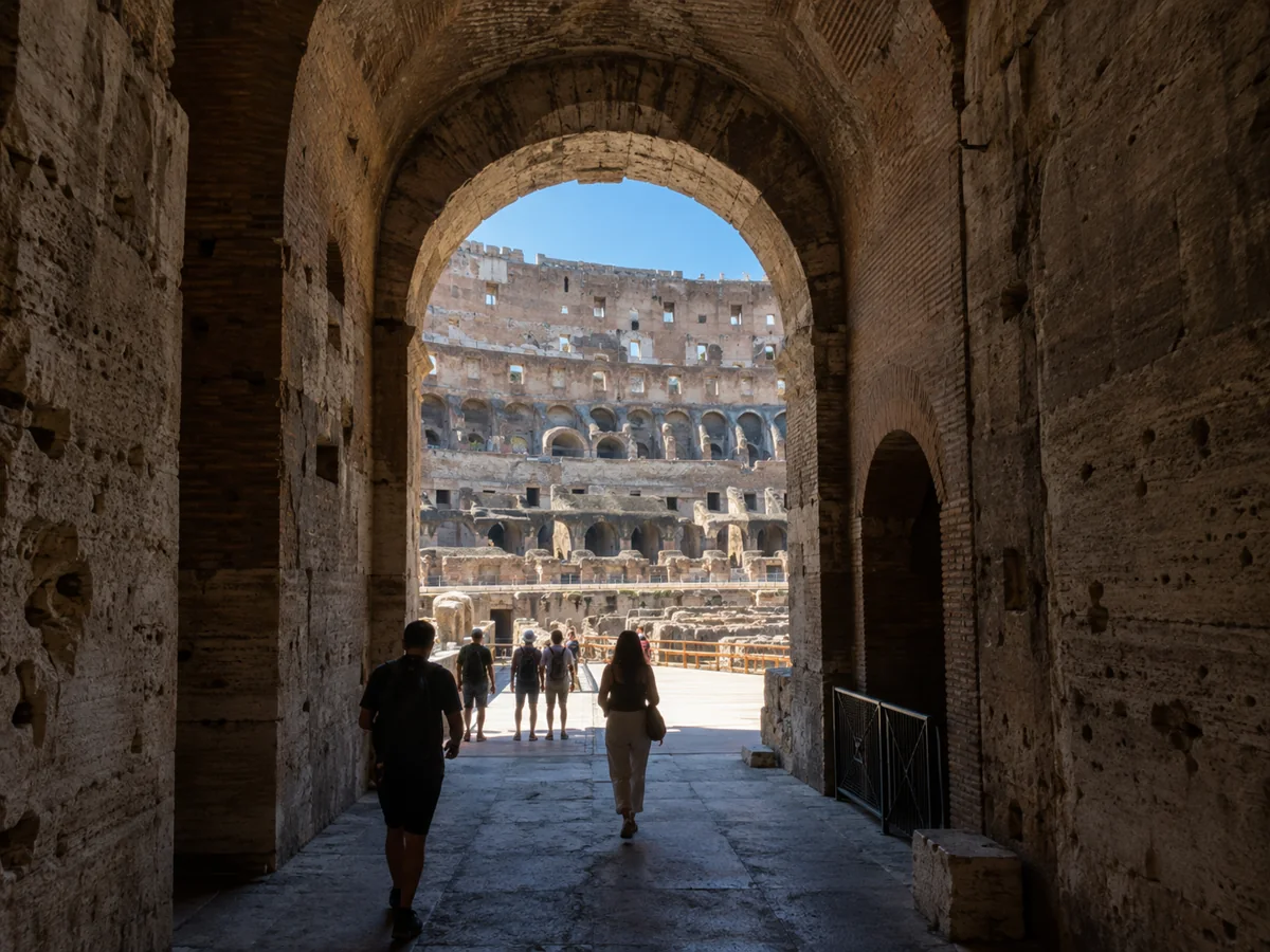 An arched stone passage opening onto the Colosseum arena