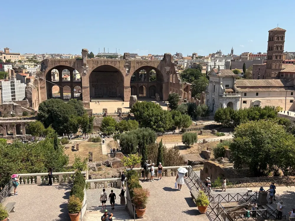 The Roman Forum seen from the Palatine terraces on a clear morning, with ruins and trees below